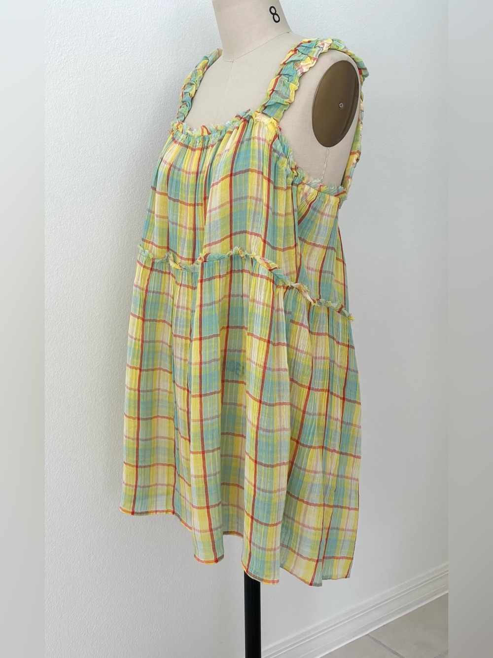 Anthropologie Plaid Ruffle Mini Dress NWT Lightweight Cotton Gauze Colorful M